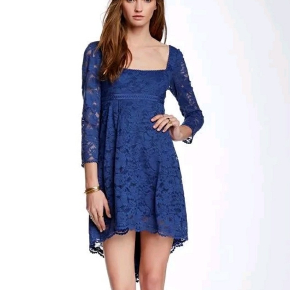 Free People Petit Trianon Elegant Blue Lace Hi Low Dress NWT SZ 0